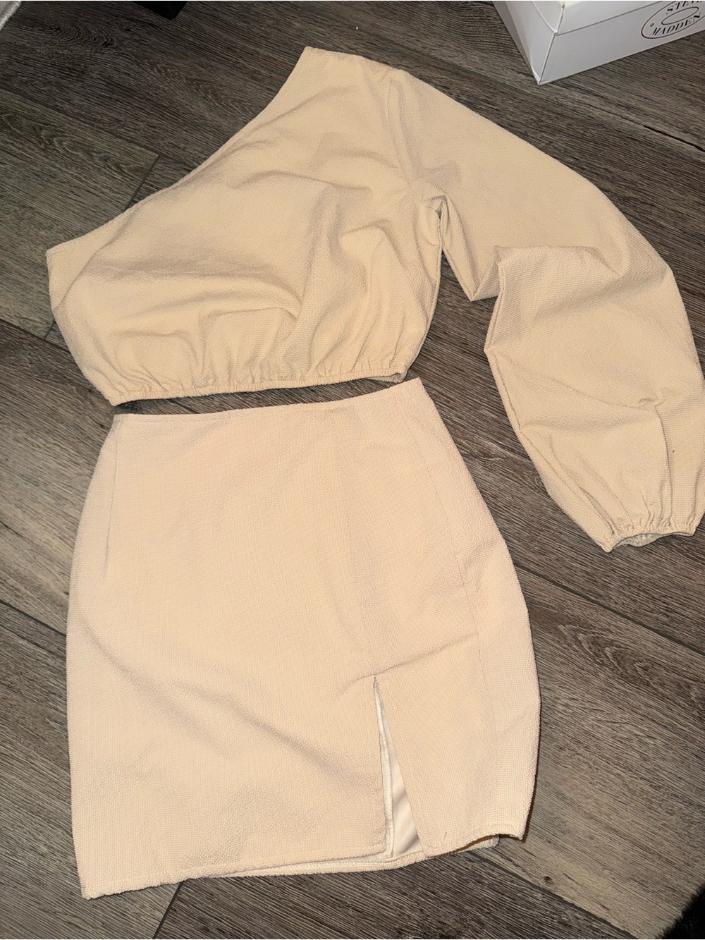 PrettyLittleThing Beige One-Shoulder Crop Top & Mini Skirt Set